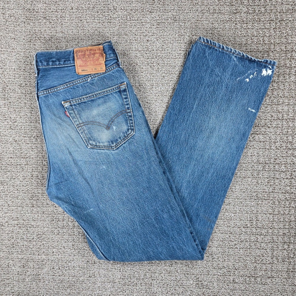 Vintage 90s Levis 501xx Mens 34x34 Blue Denim Straight Jeans USA Made Paint